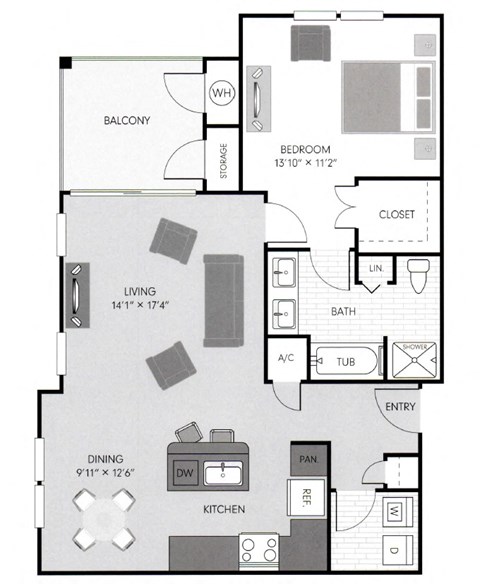 Floor plan for 1 bed, 1 bath, 907 sqft